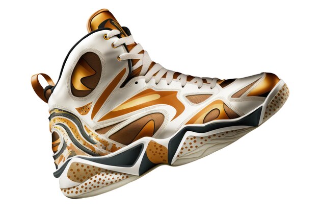 A shoe with a gold design and a white sole