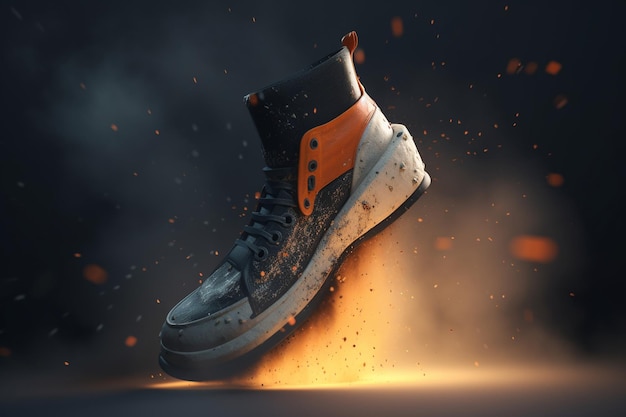 A shoe with orange and black soles and the word speed on it