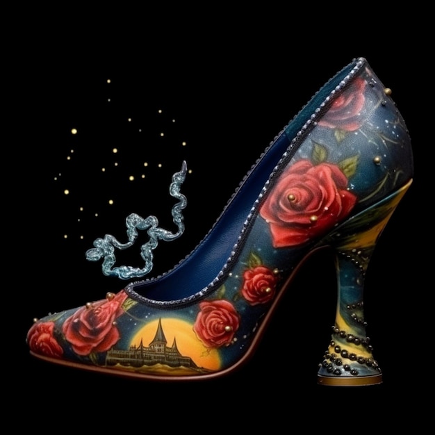 A shoe with roses on it and the word red on it