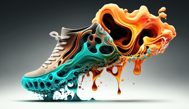 A shoe with a splash of orange and blue paint