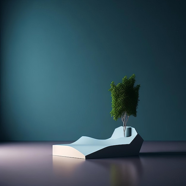 A shoe with a tree on it and a blue wall behind it.