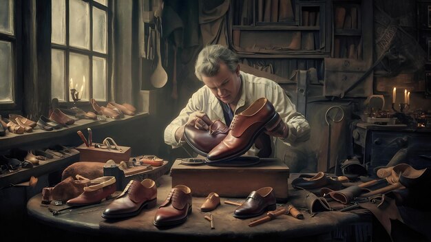 Обувщик в мастерской по изготовлению обуви