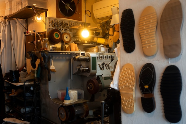 Photo shoemaking workshop with items