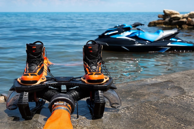 Shoes for a flyboard on the seashore