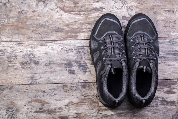 Shoes laid on a wooden