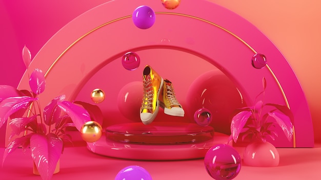 Photo shoes on pink stage 3d illustration render