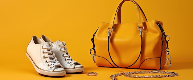 Photo shoes and purse set against a yellow background