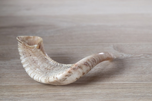 Shofar (corno) su uno sfondo di legno. simbolo di vacanza tradizionale.