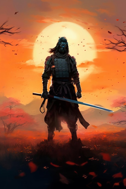 Shogun samurai standing in front of a beautiful sunset