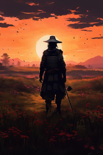 Shogun samurai standing in front of a beautiful sunset