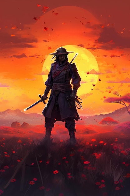 Самурай-сёгун стоит перед красивым закатом