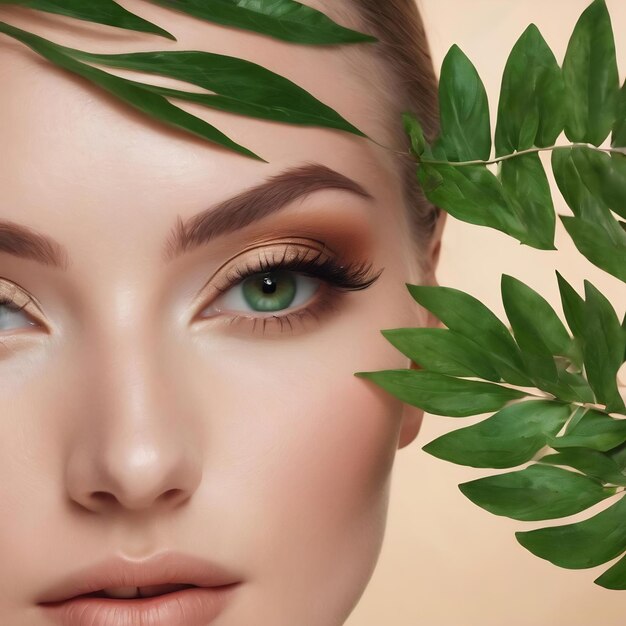 Shooting for makeup natural cosmetics closeup mockup with green leaves