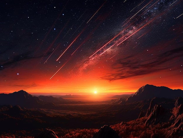 A shooting star is seen over a mountain at sunset.