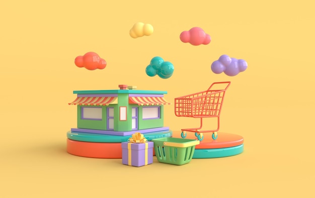 The shop building and shopping cart on podium Present box shopping basket andf clouds 3d rendering