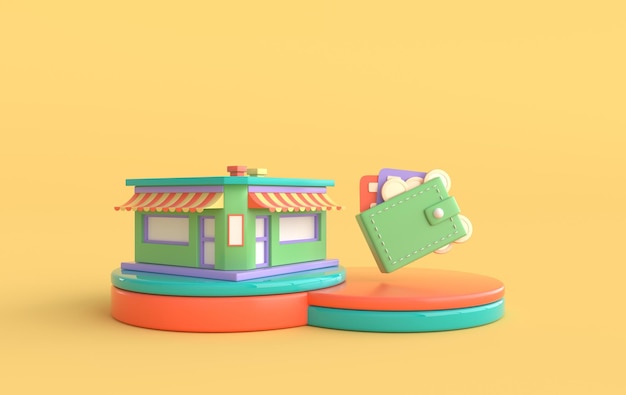 The shop building and wallet with credit cards golden coins on podium 3d rendering illustration