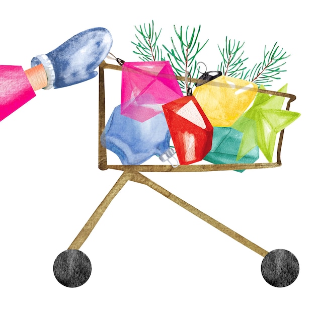 Shop cart with christmas decorations geometric shape watercolor illustration