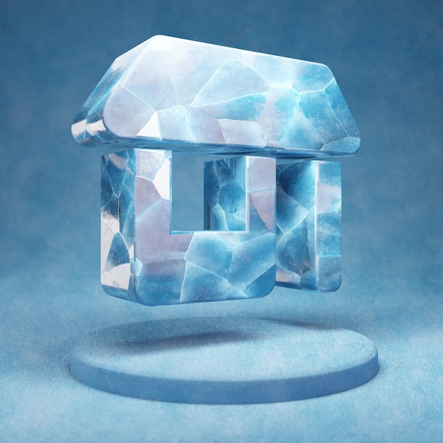 Shop icon. Cracked blue Ice Shop symbol on blue snow podium. Social Media Icon for website, presentation, design template element. 3D render.