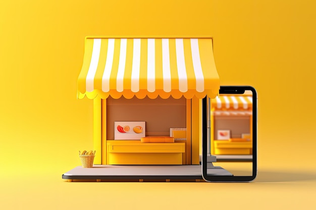 Shop illustration with awning and cellphone on yellow background online sales concept Generative A