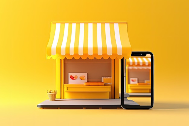 Shop illustration with awning and cellphone on yellow background online sales concept generative a