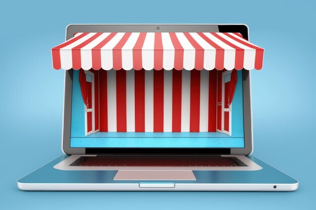 Shop illustration with red and white awning blue background Generative AI