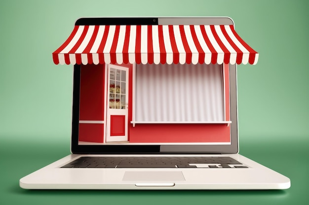 Shop illustration with red and white awning on laptop screen background Generative AI