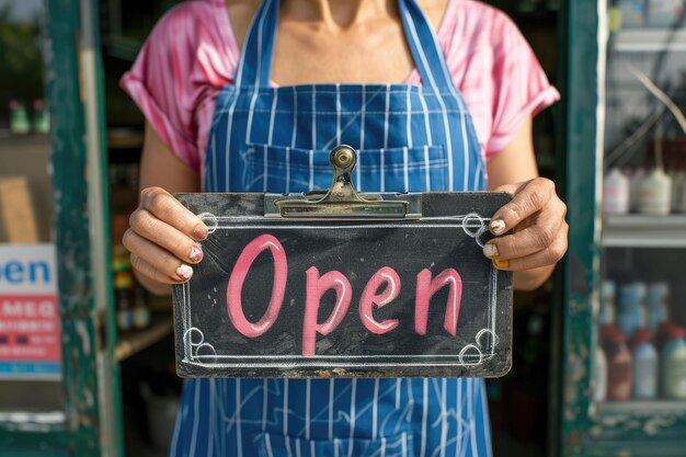 店主はジェネレーティブ・アイの店の前でオープンサインを掲げています