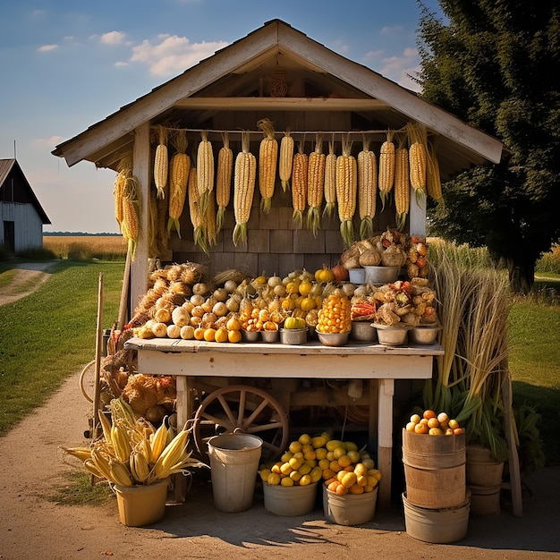신선 한 수확 된 옥수수 와 과일 을 판매 하는 상점