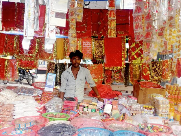 Shop selling goods for worship of gods on hindu festival