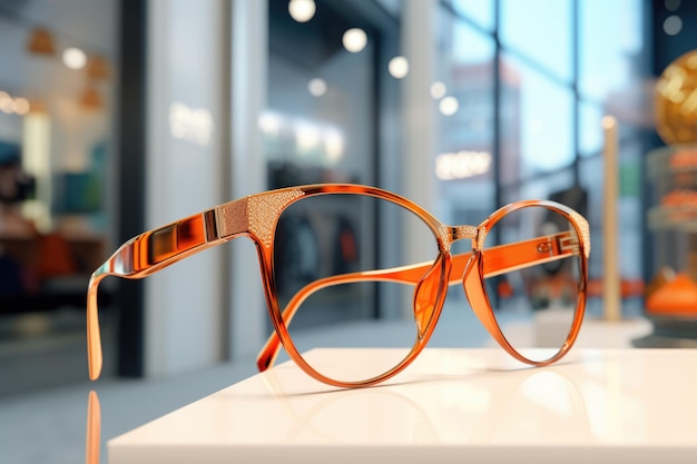 Shop vitrine with modern eyegrasses displayed in optical store