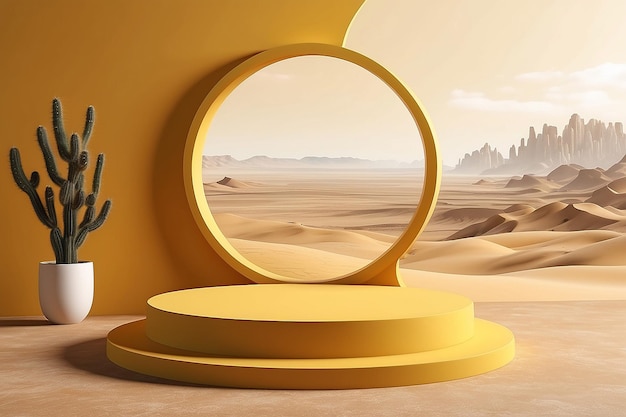 프레젠테이션을 위해 빈 포디움 무대와 함께 가게 창문 장면: 둥근 구과 사막 뷰를 가진 추상적인 노란색 배경 3D 렌더링