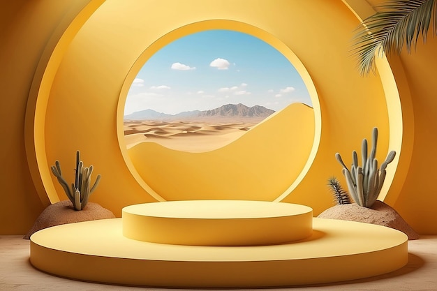 Shop window scene with empty podium stage for presentation abstract yellow background with round hole and desert view 3d rendering