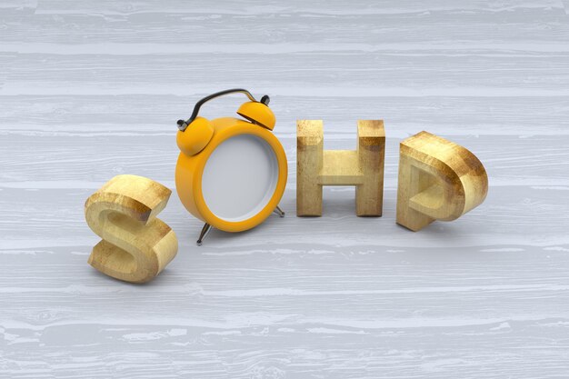 Shop Word with Clock on Wooden Background. 3d Rendering