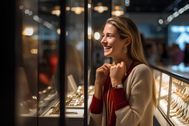 A shopaholic is choosing jewelry in the mall surrounded