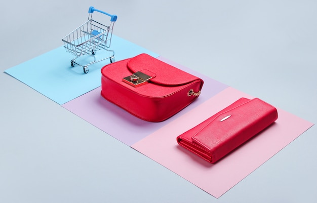 Shopaholic minimalistic concept. Bag,purse, mini shopping trolley. Side view