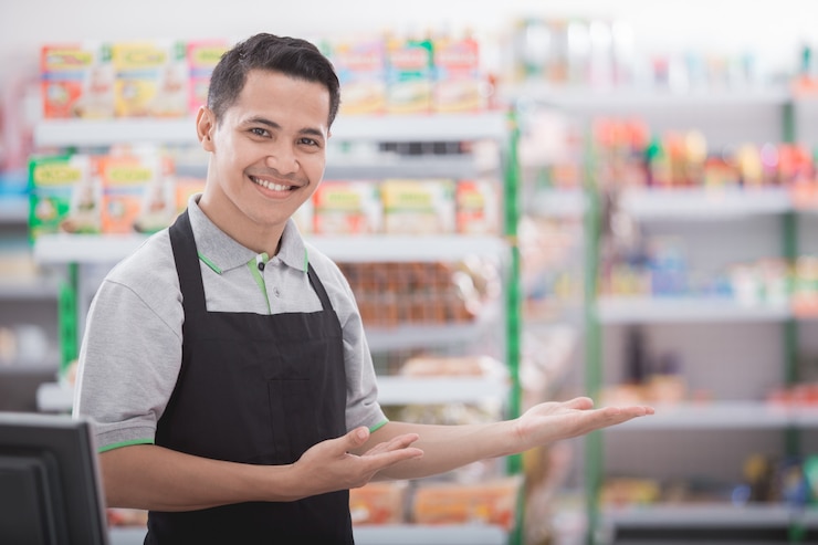 Photo shopkeeper in a grocery store