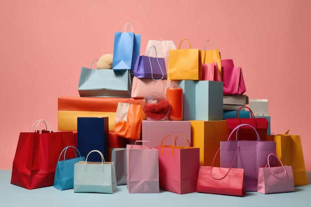 Сумки для покупок Куча разноцветных сумок для покупок на пастельном фоне Генеративный ИИ