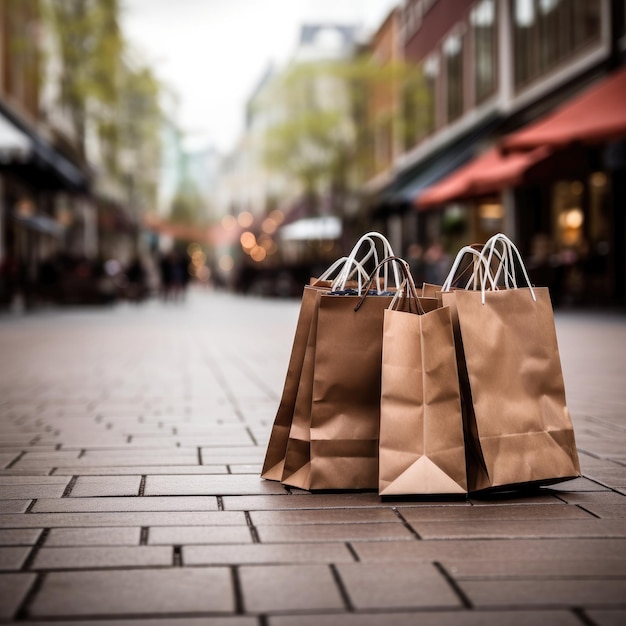 Shopper bags on wooden board with a blurred shopping mall in the background Generative ai