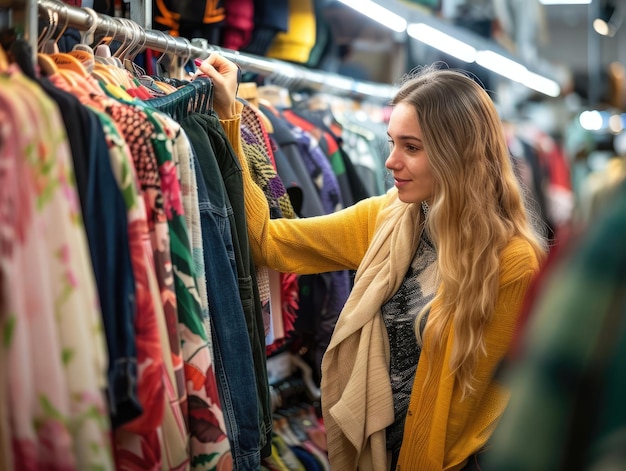 A shopper holding up a garment to examine its quality in a clothing store