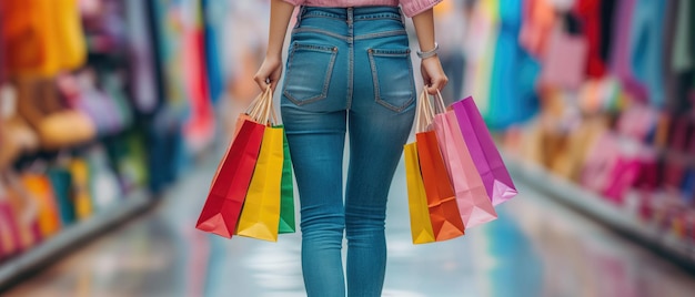 ショッピングする女性が買い物の虹を手に乗って勝利を収めています
