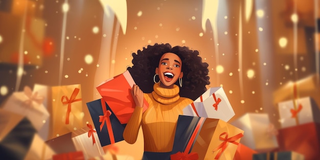 A shopper with a big smile holding up a Black Friday purchase Created with generative AI technology