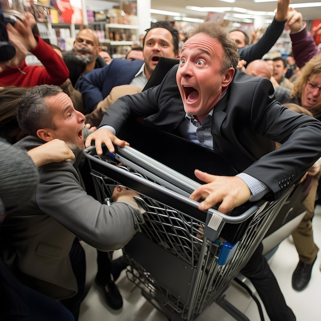 Shoppers Fighting Over Large Boxes on the Shop During Black Friday