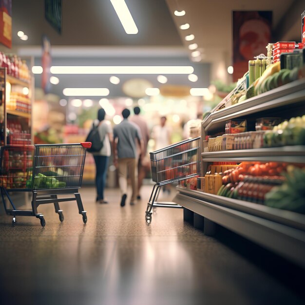 写真 忙しい食料品店の通路を歩く買い物客