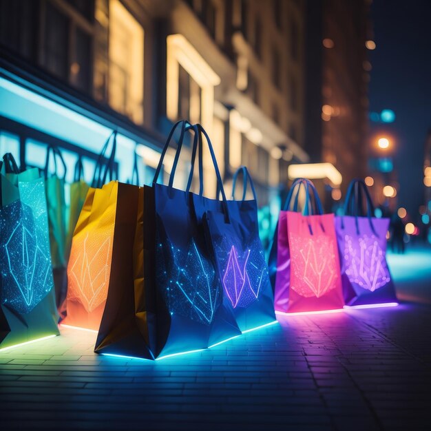 Shopping bag on abstract background 3D rendering Neon lights