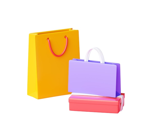 Shopping bag and box pile 3d render group of various shop and gift paper packs