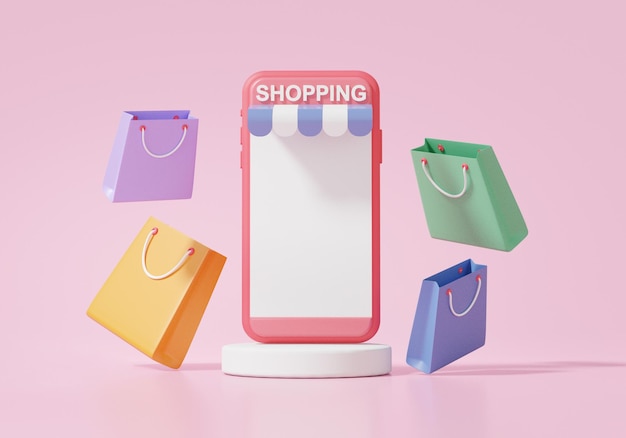 ピンクのパステルカラーの背景に浮かぶショッピングバッグスマートフォン割引プロモーションセールバナーウェブサイト3dレンダリングイラストでオンラインアプリストアのコンセプトを購入する