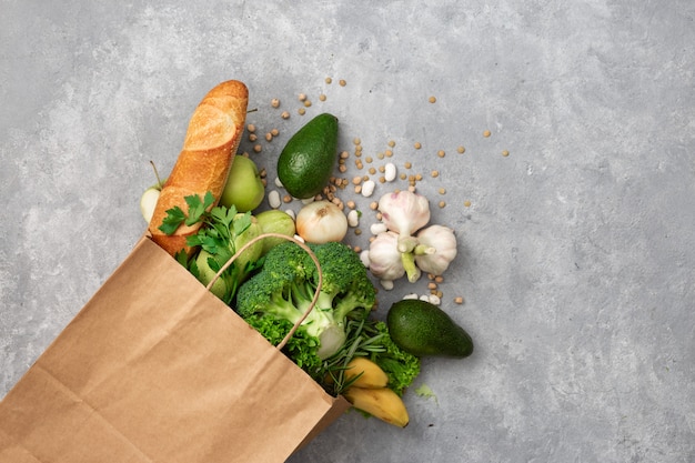 Shopping bag food with healthy food with copy space top view