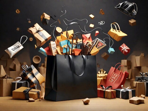 Shopping bag full of gifts on a wooden table 3d rendering