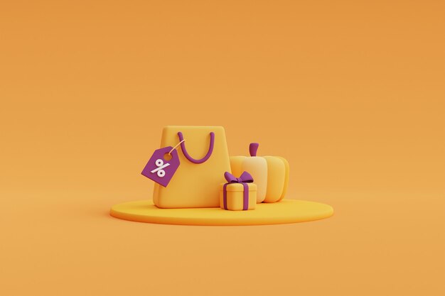 Shopping Bag and Halloween decorations on yellow background for celebration Halloween sale template.minimal concept.3d render.