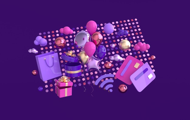 Shopping bag present box credit card balloons wifi symbol clouds render