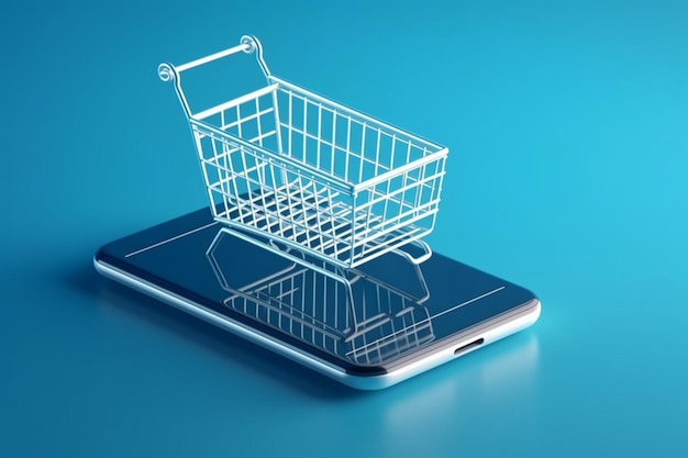 Shopping bag in shopping cart on the smartphone isolated on blue background online shopping ecommerce concept 3d renderi